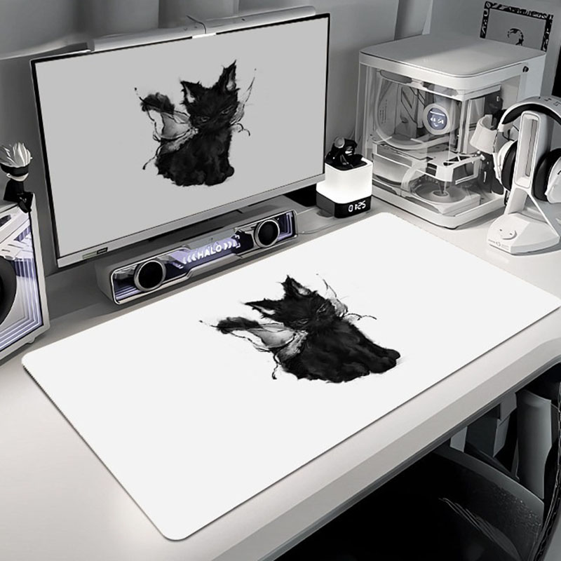Desk Setup Black And White - Black Cat Fairy Large Mouse Pad