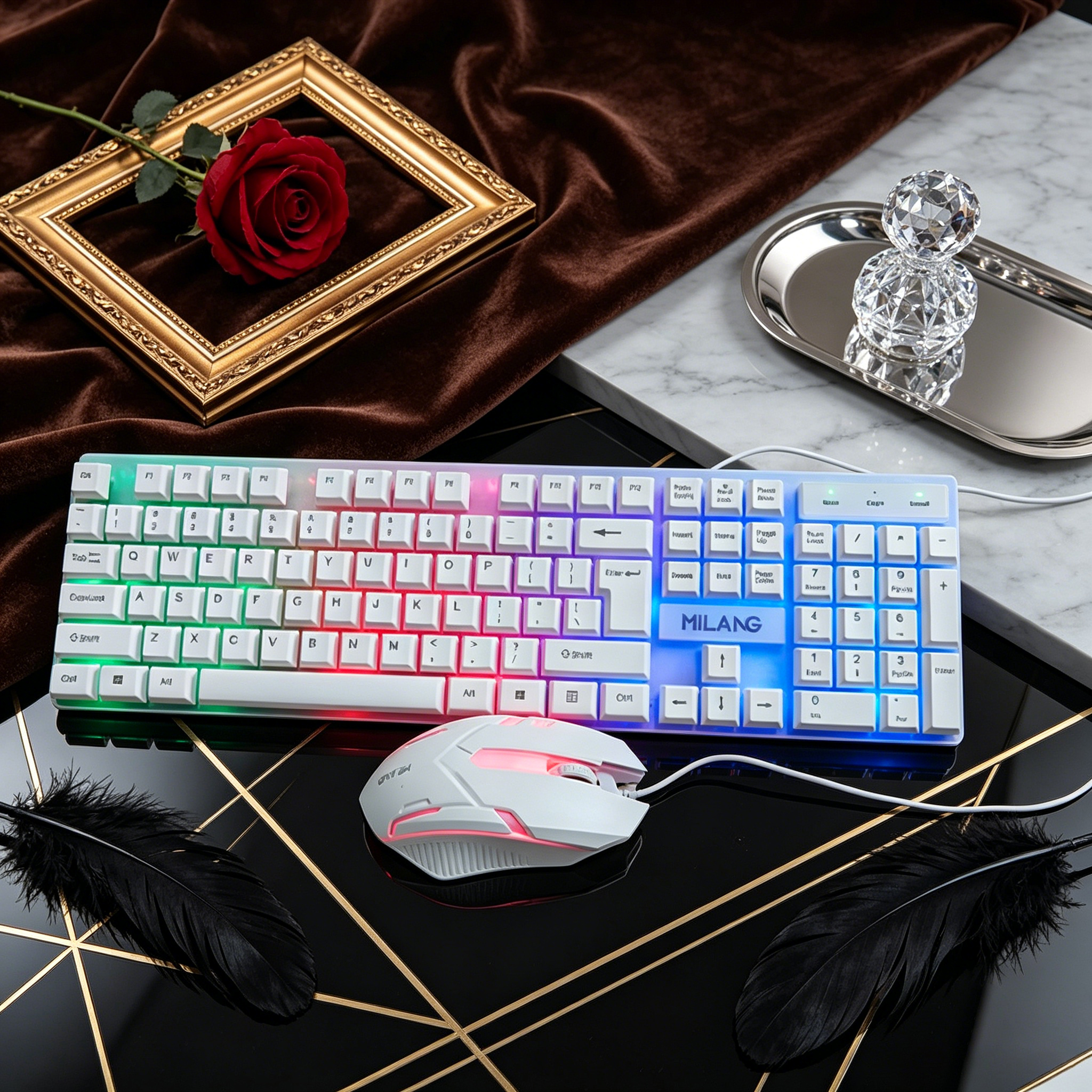 Wired RGB Backlit Keyboard Mou - Desk Setup No Computer 评论和价格